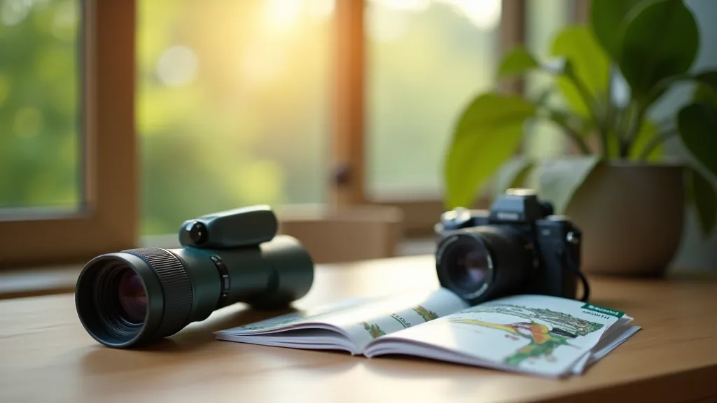 Binokuliai, fotoaparatas ir paukščių žinynas ant stalo šalia lango